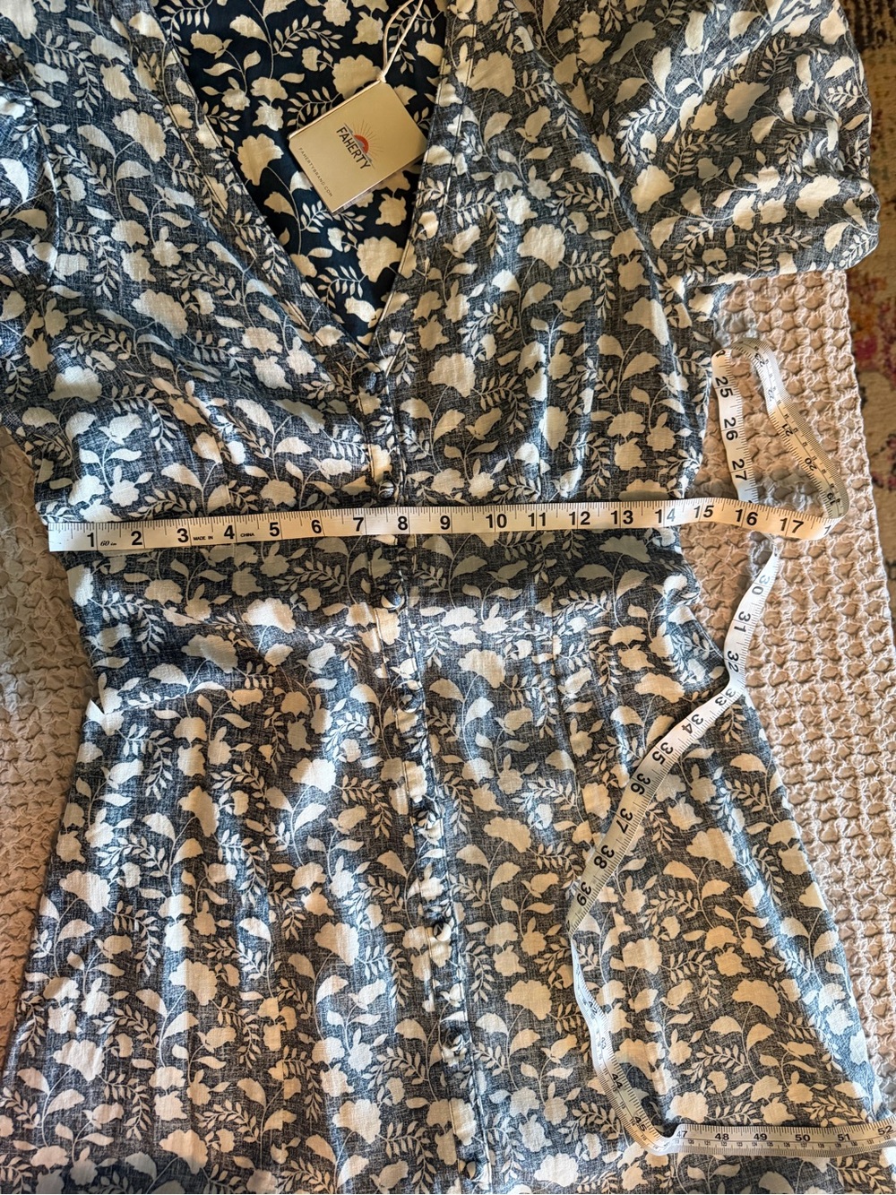 Faherty Havana Dress XS NWT Blue Ivory Floral Linen Blend Puff Sleeve Midi $198 - Picture 7 of 12